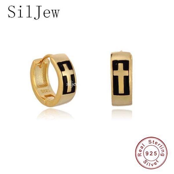 

hoop & huggie siljew925 sterling silve fashion personality wide-brimmed black cross geometric ear ring bone buckle cute trend jewelry, Golden;silver