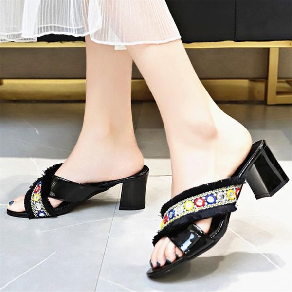 

slippers sagace 2021 women block heel high outdoor slipper female non-slip slides summer shoes bohemian beach, Black