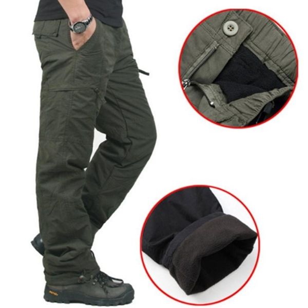 

men's pants mens winter thick warm cargo casual fleece pockets fur trouser plus size m-6xl fashion loose baggy joger worker male, Black