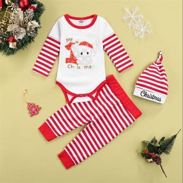 

clothing sets 3pcs baby christmas outfits autumn elephant letter long sleeve romper playsuit striped trousers knotted cap girls clothes 0-18, White