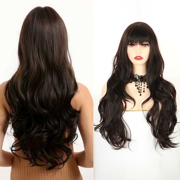 

synthetic wigs long loose wave wig with air bangs 26 inch middle parting light brown hair for women daily party cosplay club use, Black