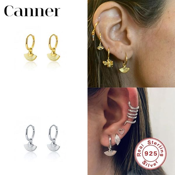 

hoop & huggie canner 925 sterling silver earrings for women ins geometric fan-shaped pendant fine jewelry party gifts pendientes w4, Golden;silver
