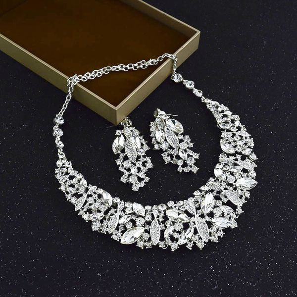 

jewelry set bridal necklace korean atmospheric flash diamond bridal crown bridal necklace earrings two-piece, Slivery;golden