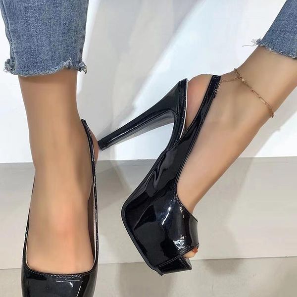 

brand fashion high heel pumps women shoe open toe patent leather party date shoes platform sandals female dress, Black