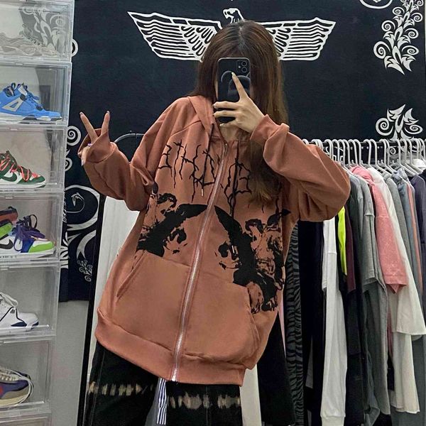 

men's hoodies & sweatshirts coat with a hood, black angel pattern, jacket and zipper for women, hip-hop style, streetwear, harajuku, an
