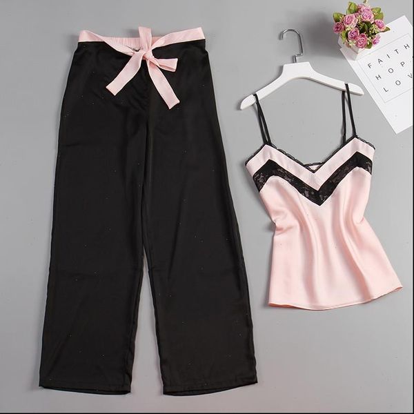 

2 piece pajamas set women sleepwear stain silk pink and long pants strap sling summer pajama homewear, Black;red