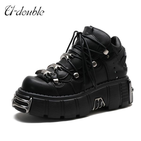 

u-double brand punk style women shoes lace-up heel height 6cm platform shoes woman gothic ankle boots metal decor woman sneakers 210914, Black
