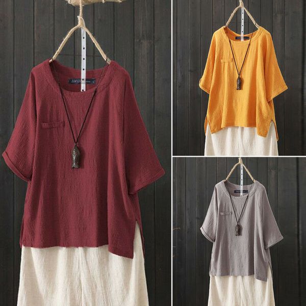 

plus size dresses autumn large round ne 3 / 4 sleeve solid color cotton hemp top