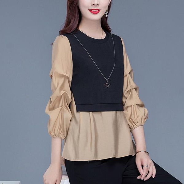 

autumn female flamingo patchwork tshirts fashion chiffon women casual long sleeve white blusas chemisier femme women's t-shirt