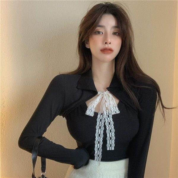 

slim long sleeve woman tshirts korean fashion clothing lace bandage solid tees spring autumn turn-down hollow out women's t-shirt, White