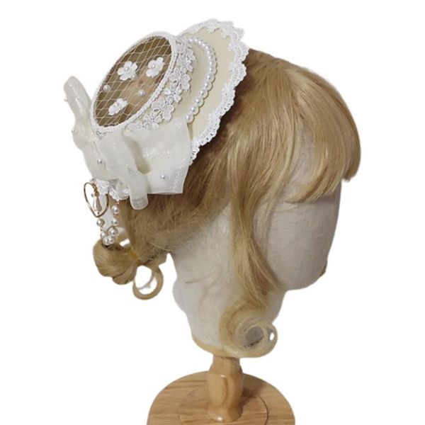 

stingy brim hats n7mf lace net lolita handmade pearl bow ribbon flat hat with clamps for party, Blue;gray
