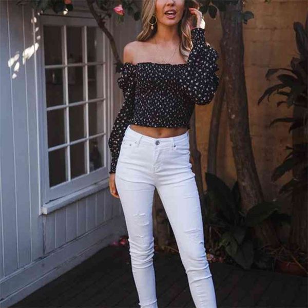 

summer women's shirt casual flower print strapless short 210430, White