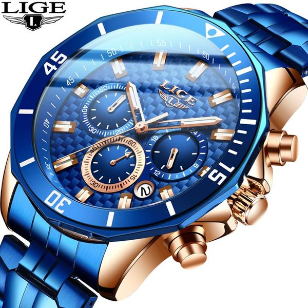 

wristwatches lige 2021 fashion blue mens watches clock sports chronograph waterproof quartz watch men relogio masculino, Slivery;brown