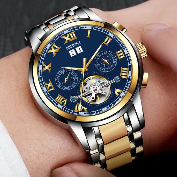 

wristwatches nibosi 2021 luminous watch male mechanical automatic tourbillon waterproof mens calendar date relogio masculino, Slivery;brown