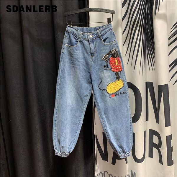 

women's jeans loose-fit spring autumn high waist sequin harem pants girls students loose denim mujer, Blue