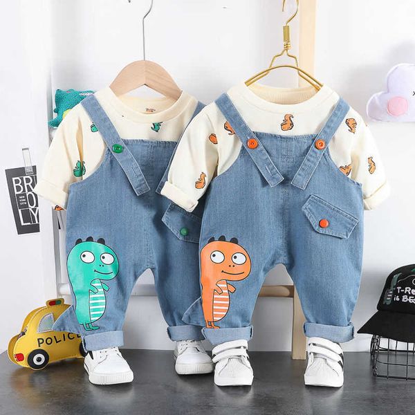 Sonbahar Çocuk Giysileri Bebek Erkek Kız Baskı T Gömlek Dinozor Tulum Bib Pantolon 2 Adet / takım Bebek Çocuk Moda Toddler Suits X0902