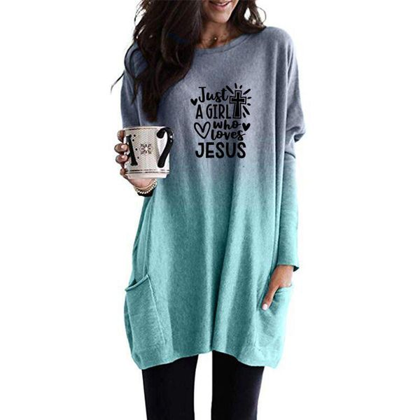 

women's t-shirt just a girl who loves jesus print pocket gradient women femmes spring christmas gift long sleeve shirt for female, White