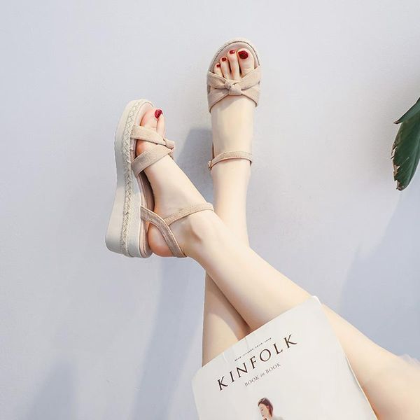 

sandal girl summer 2021 thick bottomed wedges heel green sandals women shoes, Black