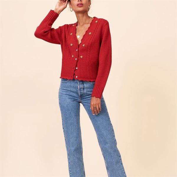 

autumn and winter women's sweater casual solid color flower embroidery v-neck long-sleeved cardigan 210430, White