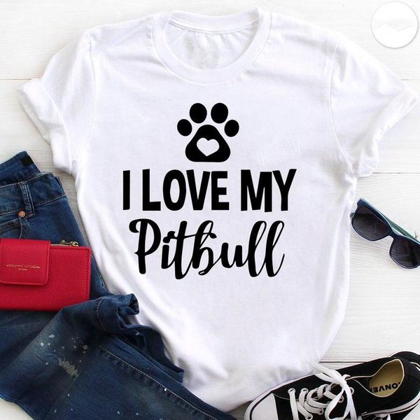 

love my pitbull t-shirts 100% cotton crewneck short sleeve funny cute tees for mama t shirts dog mom female women ladies women's t-shi, White