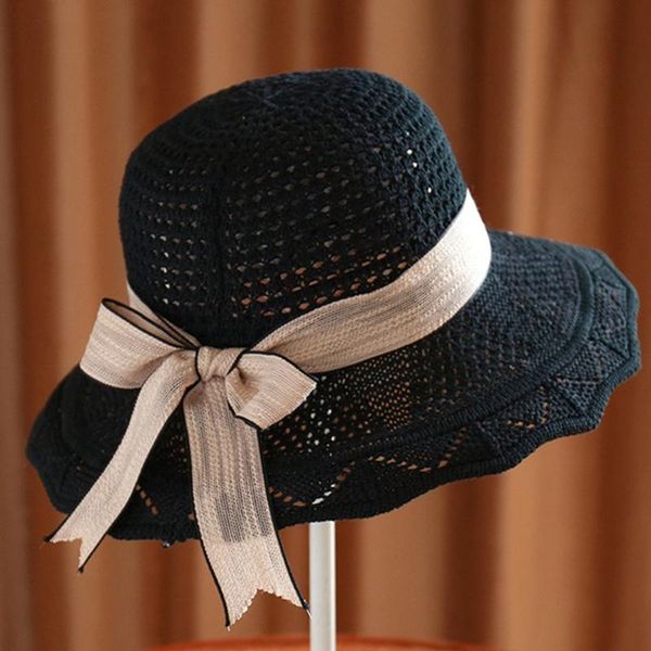 

wide brim hats 2021 fashion sun for women girls floppy straw hat summer bohemia beach cap ribbon chapeau femme, Blue;gray