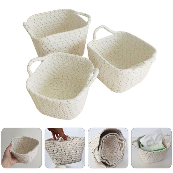 

set 3 pcs cotton rope storage baskets hand-sewn organizers (white) laundry bags