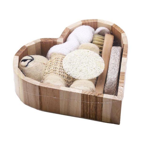 

bath accessory set 5pcs/set sisal heart-shaped box wooden storage container for bathing accessories