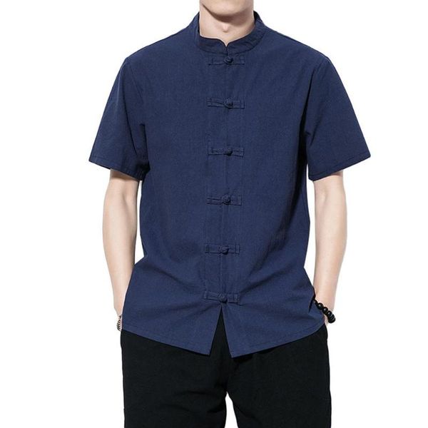 

chinese style tang suitÂ solid color casual shirts for men loose cotton linen shirt male short sleeve stand collar men's, White;black