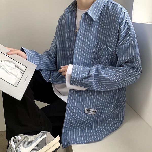 

men's casual shirts spring/fall 2021 japanese streetwear men striped shirt long sleeve korean trend ins vintage fashion loose top, White;black