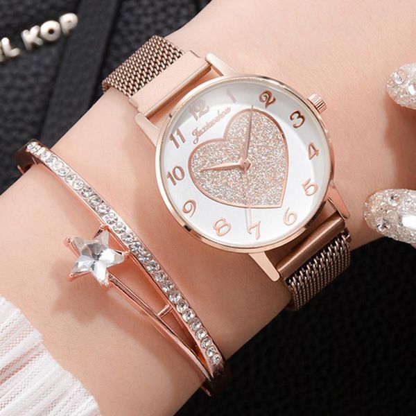 

wristwatches 2pc/set luxury women watches love magnet watch buckle fashion casual female wristwatch roman numeral simple relogio feminino, Slivery;brown