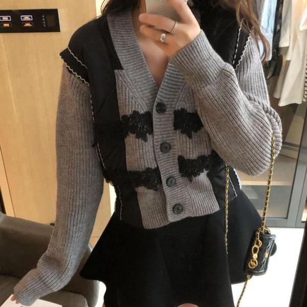 

women's knits & tees tvvovvin spring female v-neck loose long sleeve knitting cardigan lace spliced contrast short sweater heab, White