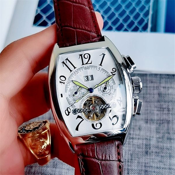 

5-men automatic mechanical watches tourbillon date monte luxury designer stainless steel dial leather strap watch sports business, Slivery;brown