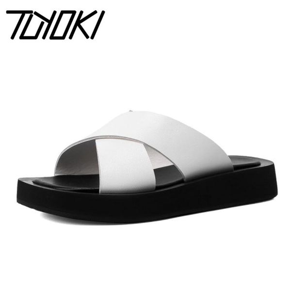 

tuyoki real leather women slippers casual daily home flats summer shoes for women's platform 2021 lady footwear size 34-40, Black