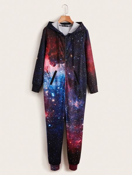 

galaxy print drawstring hooded jumpsuit a14y#, White