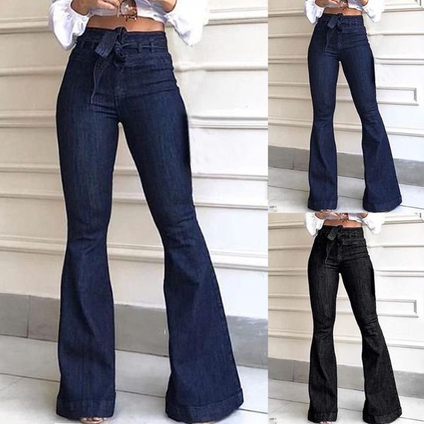 

women wide leg denim jeans high waist bandage 2021 spring summer jean ladies stretch fare long pants h37 women's, Blue