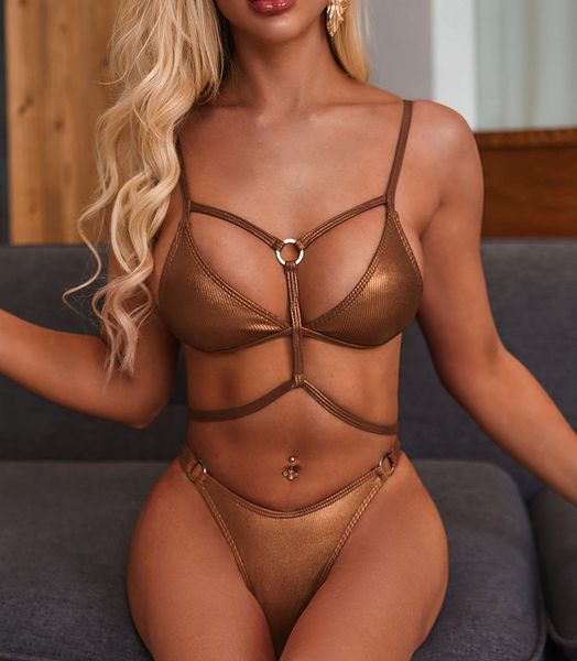 

gold ribbed bikini female micro swimsuit 2021 women swimwear two-pieces bikini set brazilian bather high leg cut bathing suitb