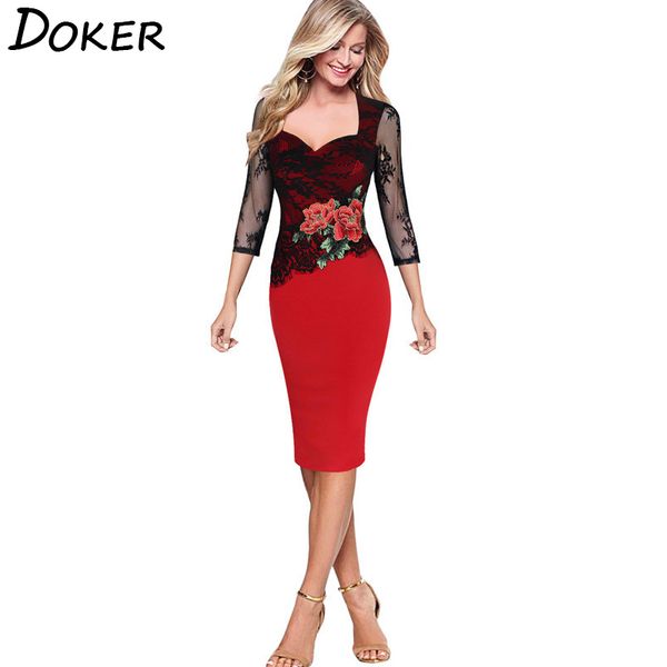 

new elegant lace patchwork office work dress women floral embroidered slim midi dresses ladies evening party dress 210423, Black;gray