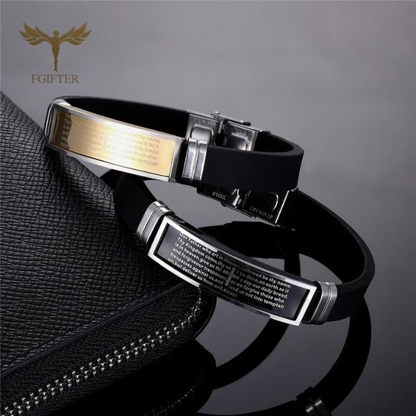 

christian bible scripture cross bracelet fashion men's ladies rubber stainless steel jewelry charm bracelets, Golden;silver