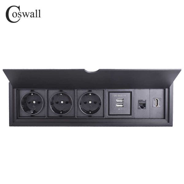 

coswall black aluminum body 3 eu table socket + 2 usb charging+ to female hdmi & internet cat6e dustproof clamshell cover