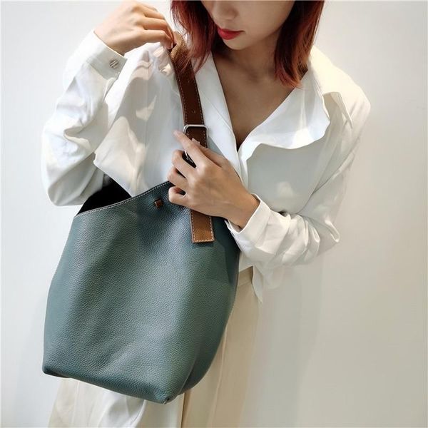 

evening bags hand-designed brand bucket bag, shoulder bag black inside female handag 100% cowhide leather simple casual real ladies tote