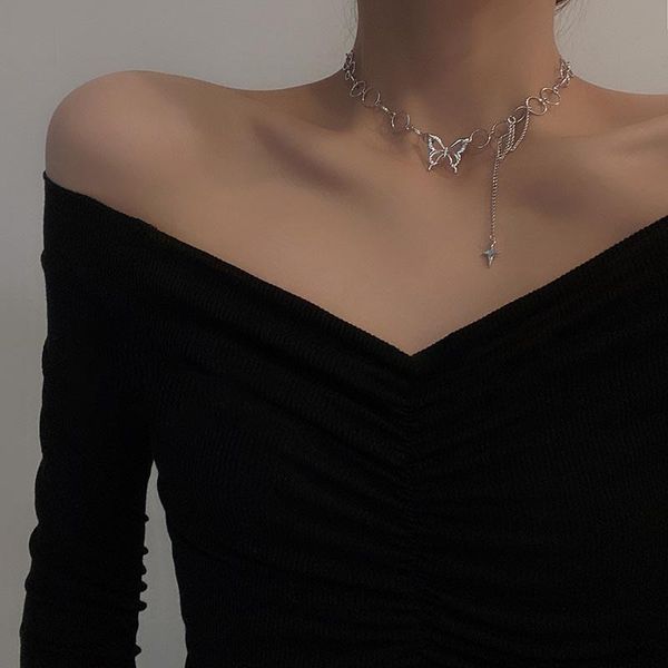 

chains punk style butterfly choker necklace for women jewelry collares gothic hip hop link chain mujer jewlery, Silver