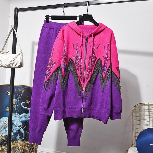 

superaen 2021 autumn new sequin bump zipper sweater jacket suit slim fashion two piece set women, White