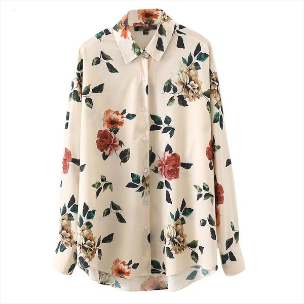 

floral print chiffon fitness womens shirts long sleeve loose tee casual lapel retro temperament, White