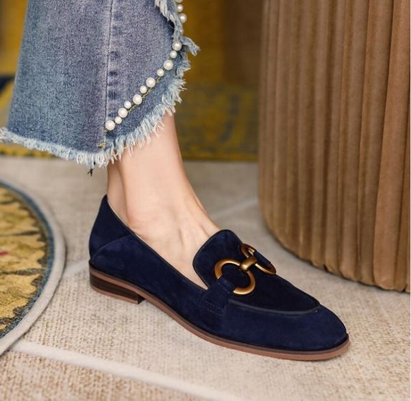 

british style sheepskin womens loafers gold metal low heel single shoes women flats dark blue dress shoes, Black