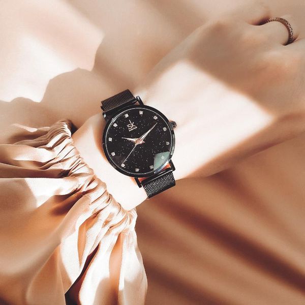 

wristwatches watches for women romantic bling stars cutting dial black mesh band lady shengke relogio feminino, Slivery;brown