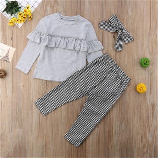 

uk toddler kids baby girl ruffle plaid pants leggings 3pcs outfits clothes, White