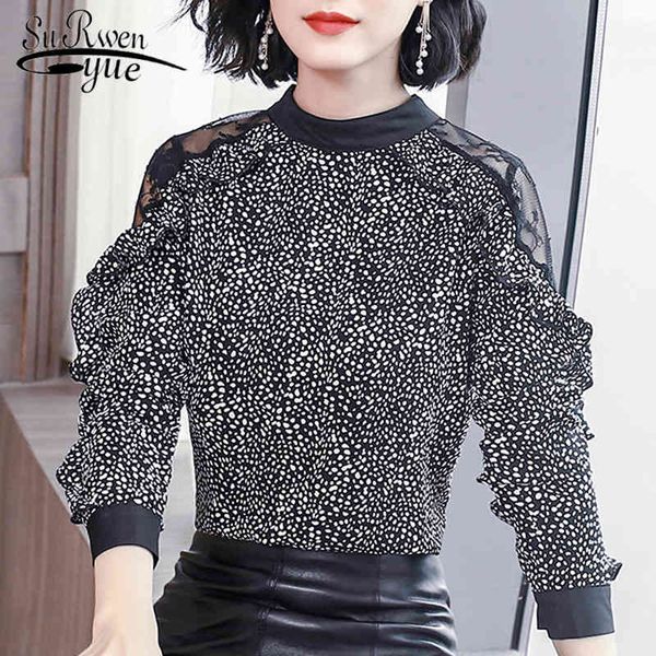 

fashion womens and blouses dot print chiffon blouse shirt mesh yarn hollow long sleeve women shirts blusa 2461 50 210508, White