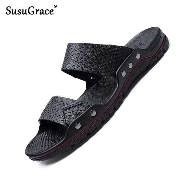 

slippers susugrace 2021 summer men's leather breathable casual flats men sandals outdoor lightweight beach male shoes plus size, Black