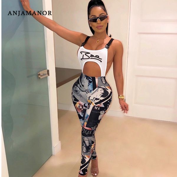 

anjamanor fashion graffiti print bodycon jumpsuit buckle hollow out backless overalls for women club outfits d91-cg20, Black;white
