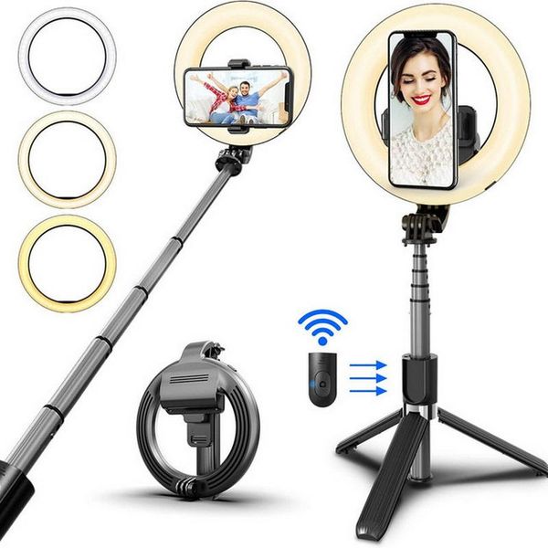 

wireless bluetooth selfie stick foldable handheld remote shutter tripod with 5inch led ring pgraphy light for android ios